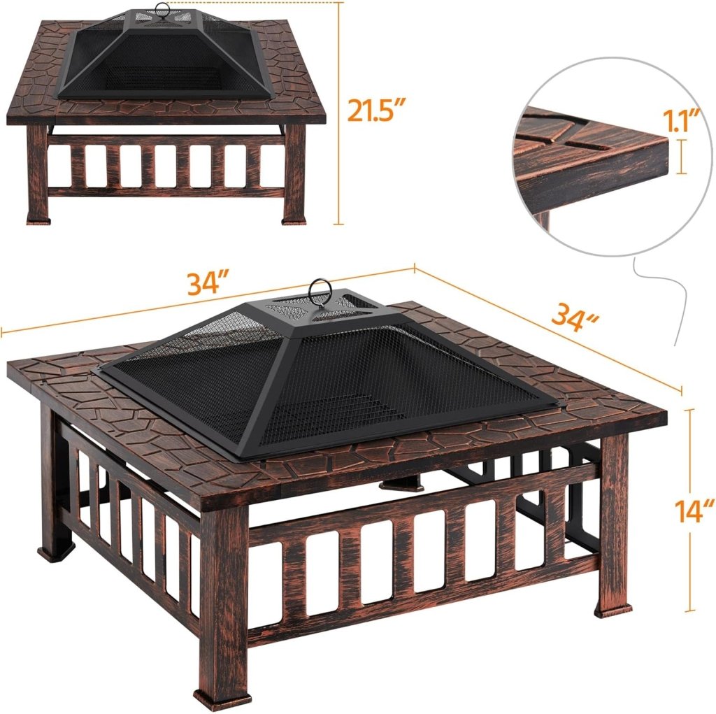 Yaheetech Multifunctional Fire Pit Table 32in Square Metal Firepit Stove Backyard Patio Garden Fireplace for Camping, Outdoor Heating, Bonfire and Picnic - Wigtrends