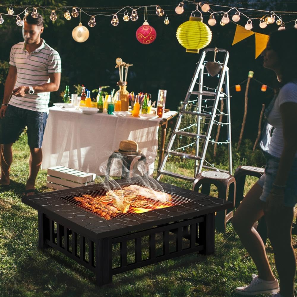 Yaheetech Multifunctional Fire Pit Table 32in Square Metal Firepit Stove Backyard Patio Garden Fireplace for Camping, Outdoor Heating, Bonfire and Picnic - Wigtrends