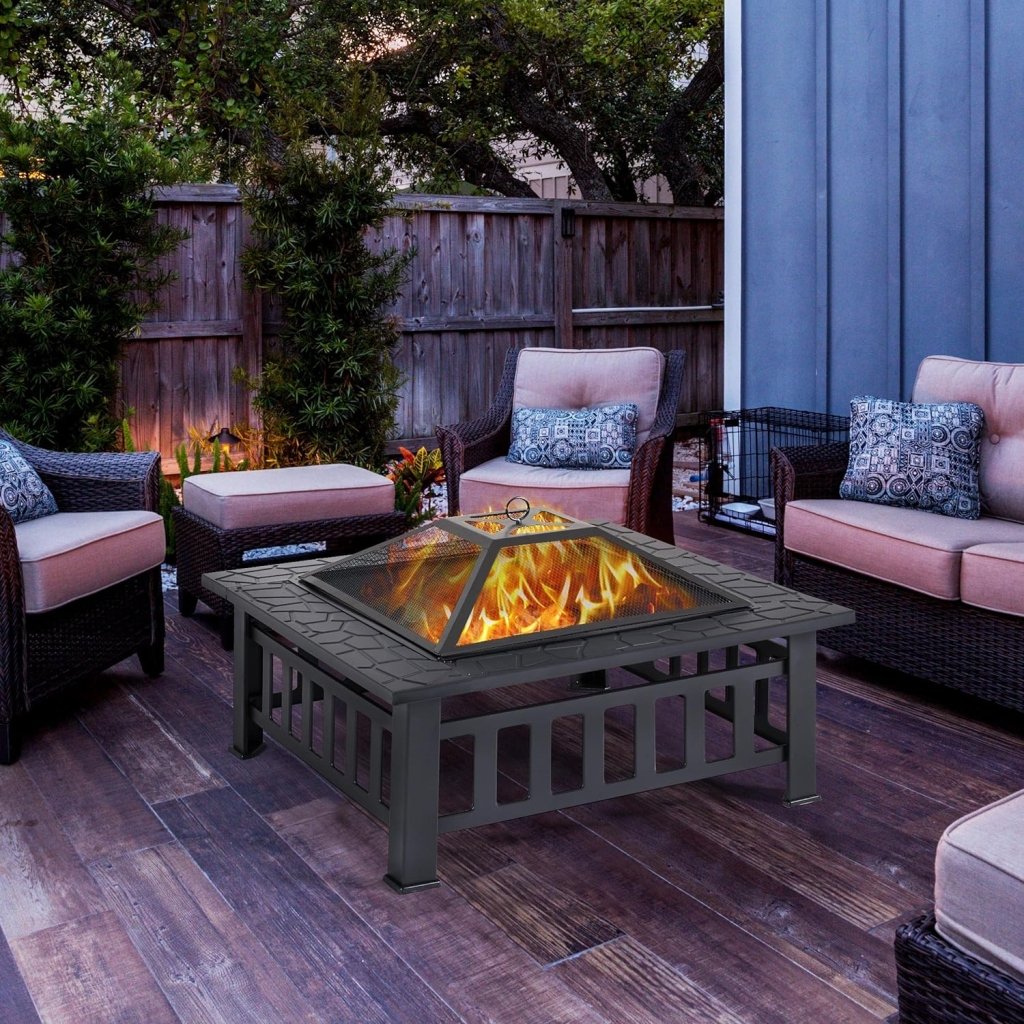 Yaheetech Multifunctional Fire Pit Table 32in Square Metal Firepit Stove Backyard Patio Garden Fireplace for Camping, Outdoor Heating, Bonfire and Picnic - Wigtrends