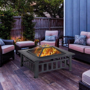 Yaheetech Multifunctional Fire Pit Table 32in Square Metal Firepit Stove Backyard Patio Garden Fireplace for Camping, Outdoor Heating, Bonfire and Picnic - Wigtrends