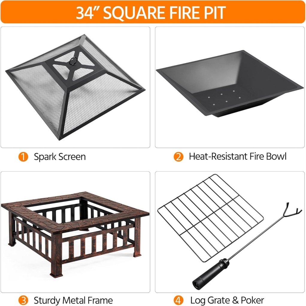Yaheetech Multifunctional Fire Pit Table 32in Square Metal Firepit Stove Backyard Patio Garden Fireplace for Camping, Outdoor Heating, Bonfire and Picnic - Wigtrends