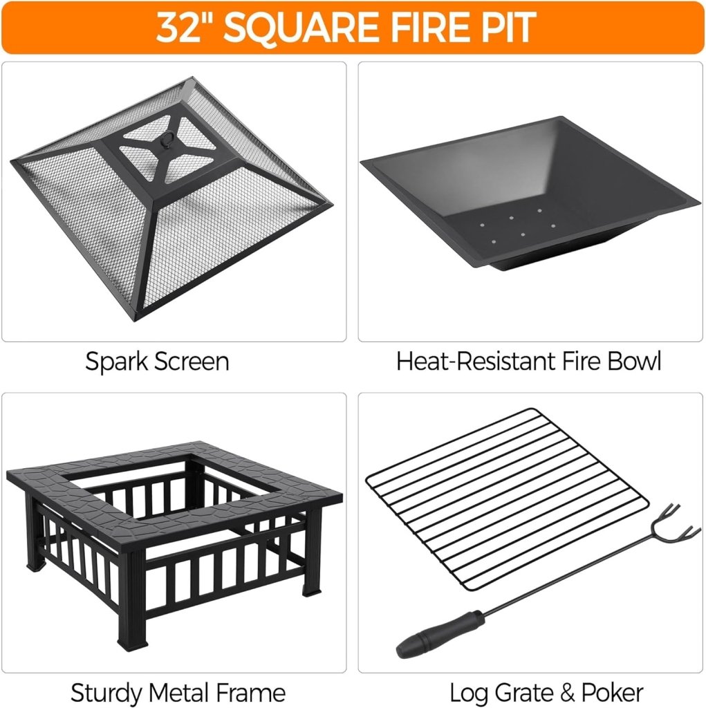 Yaheetech Multifunctional Fire Pit Table 32in Square Metal Firepit Stove Backyard Patio Garden Fireplace for Camping, Outdoor Heating, Bonfire and Picnic - Wigtrends