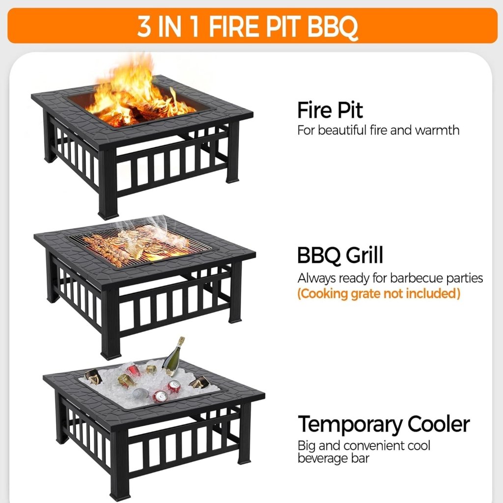 Yaheetech Multifunctional Fire Pit Table 32in Square Metal Firepit Stove Backyard Patio Garden Fireplace for Camping, Outdoor Heating, Bonfire and Picnic - Wigtrends