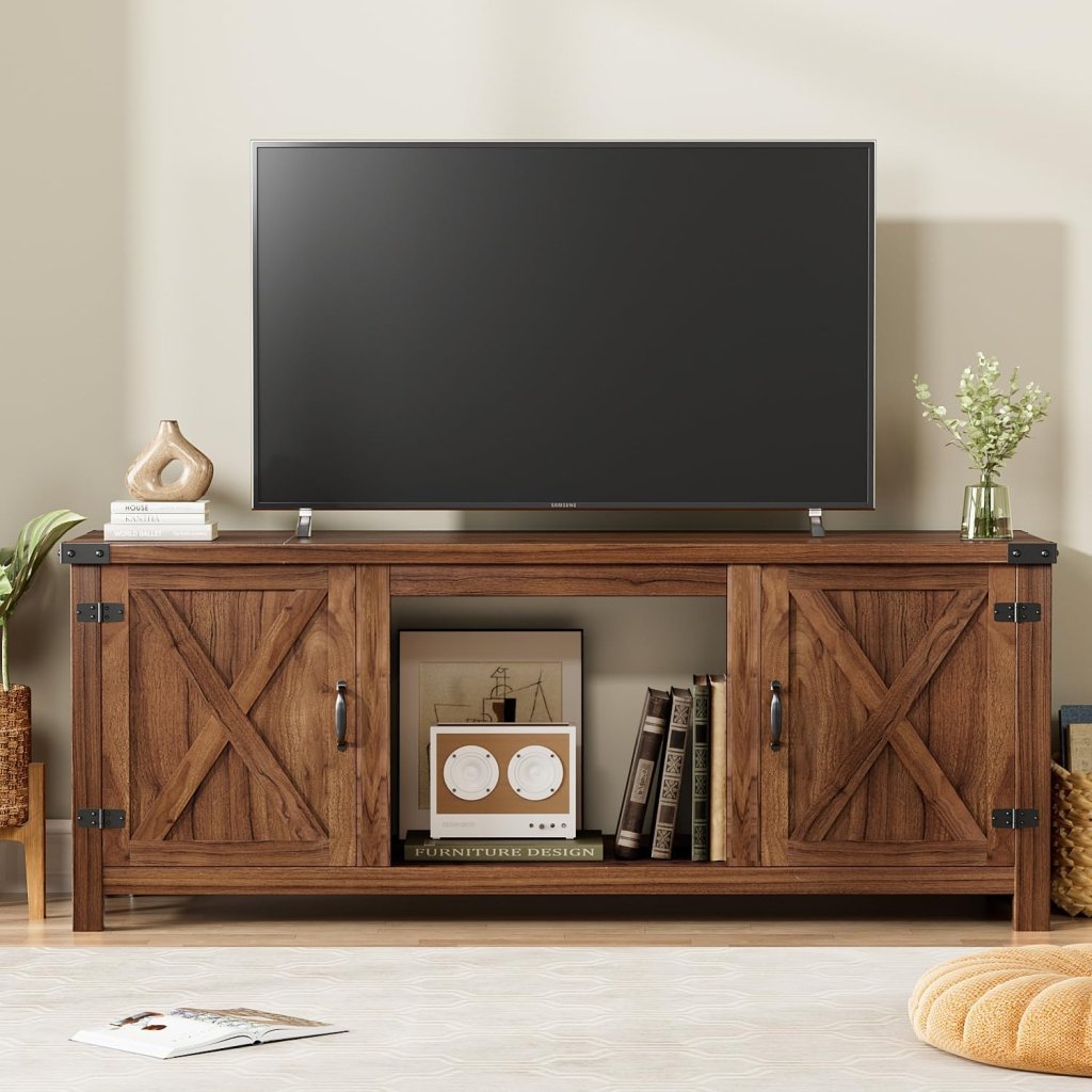 YESHOMY Fireplace TV Stand with Two Barn Doors and Storage Cabinets for Televisions up to 65+ Inch, Entertainment Center Console Table, Media Furniture for Living Room, 58 Inch - Wigtrends