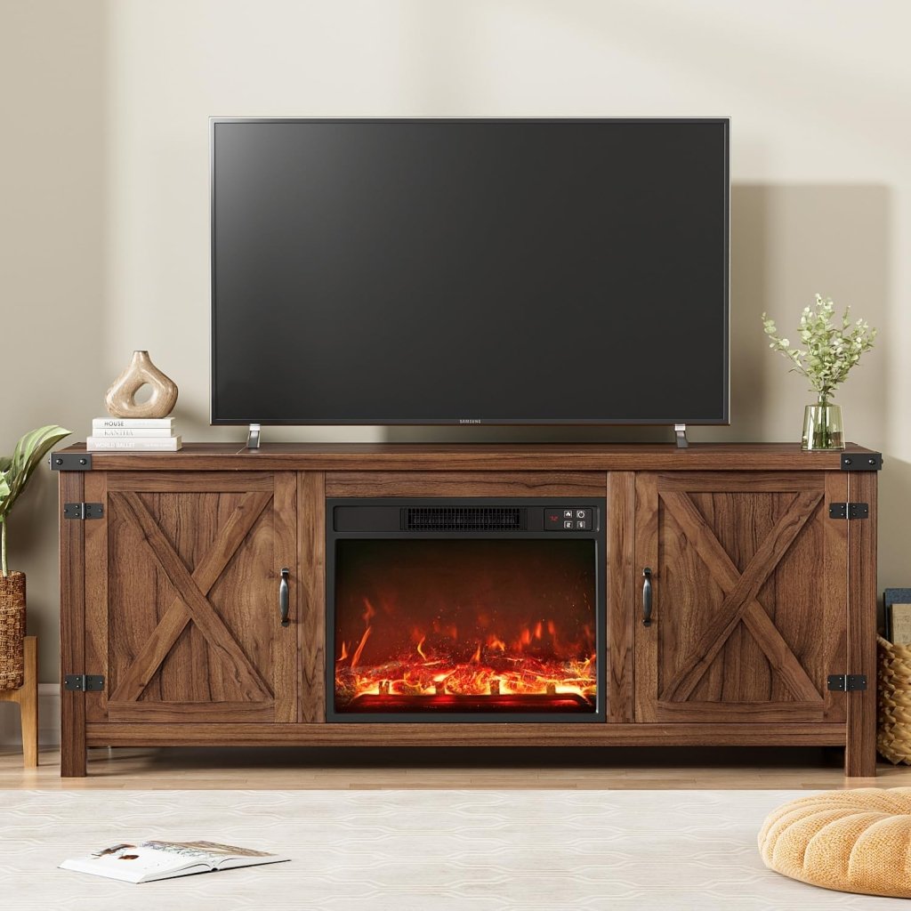 YESHOMY Fireplace TV Stand with Two Barn Doors and Storage Cabinets for Televisions up to 65+ Inch, Entertainment Center Console Table, Media Furniture for Living Room, 58 Inch - Wigtrends