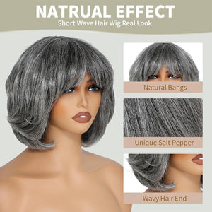 10" Short Glueless Bob Salt and Pepper 100% Human Hair with Bangs Grey Lace Front Wigs - Wigtrends