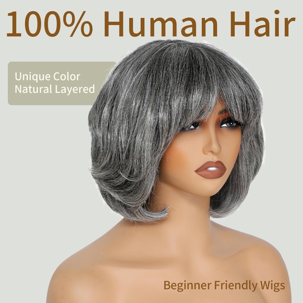 10" Short Glueless Bob Salt and Pepper 100% Human Hair with Bangs Grey Lace Front Wigs - Wigtrends