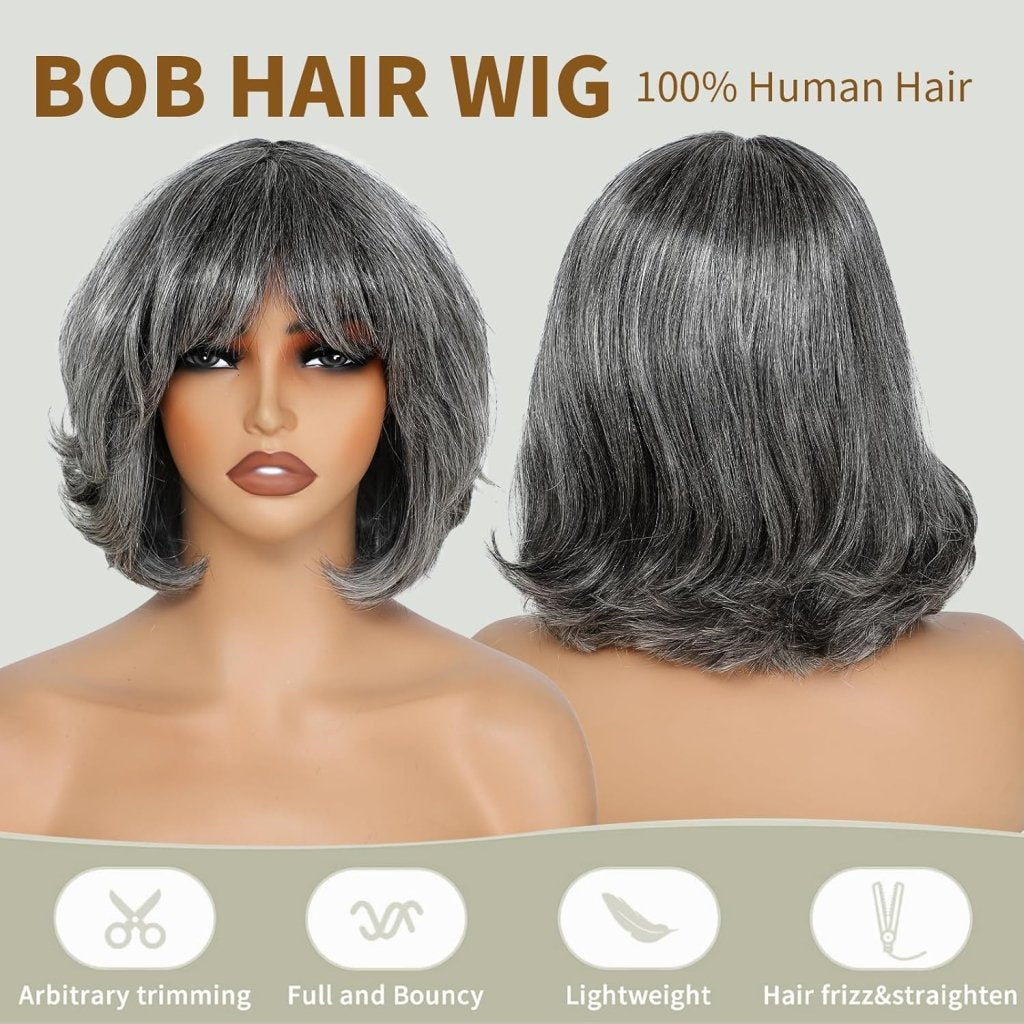 10" Short Glueless Bob Salt and Pepper 100% Human Hair with Bangs Grey Lace Front Wigs - Wigtrends