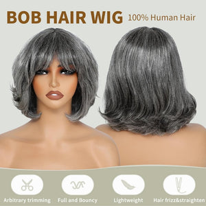 10" Short Glueless Bob Salt and Pepper 100% Human Hair with Bangs Grey Lace Front Wigs - Wigtrends