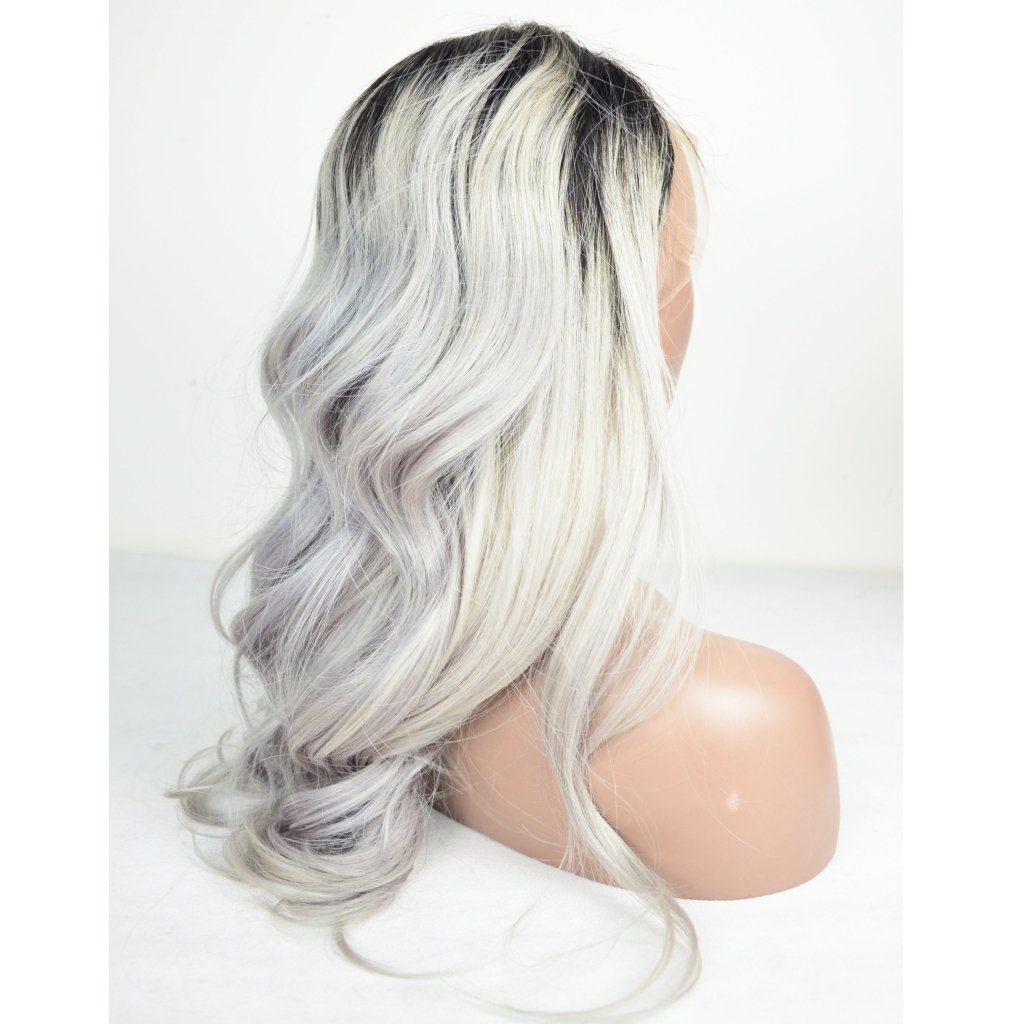 100% Human Hair HD Lace Wig Silver & Black Root Color Body Wavy - Wigtrends