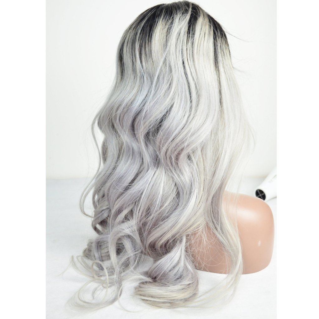 100% Human Hair HD Lace Wig Silver & Black Root Color Body Wavy - Wigtrends