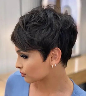 100% Human Hair Wavy Wig with Bangs Short Pixie Cut Wigs - Wigtrends