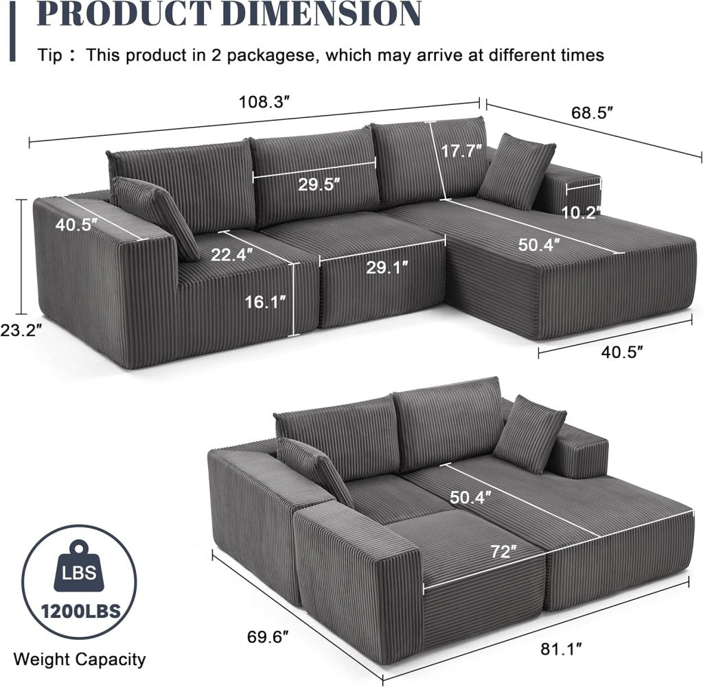 108 inch sectional sofa, cloud sectional sofa with deep seat, modern sectional L shaped sofa - Wigtrends