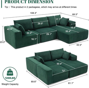 108 inch sectional sofa, cloud sectional sofa with deep seat, modern sectional L shaped sofa - Wigtrends
