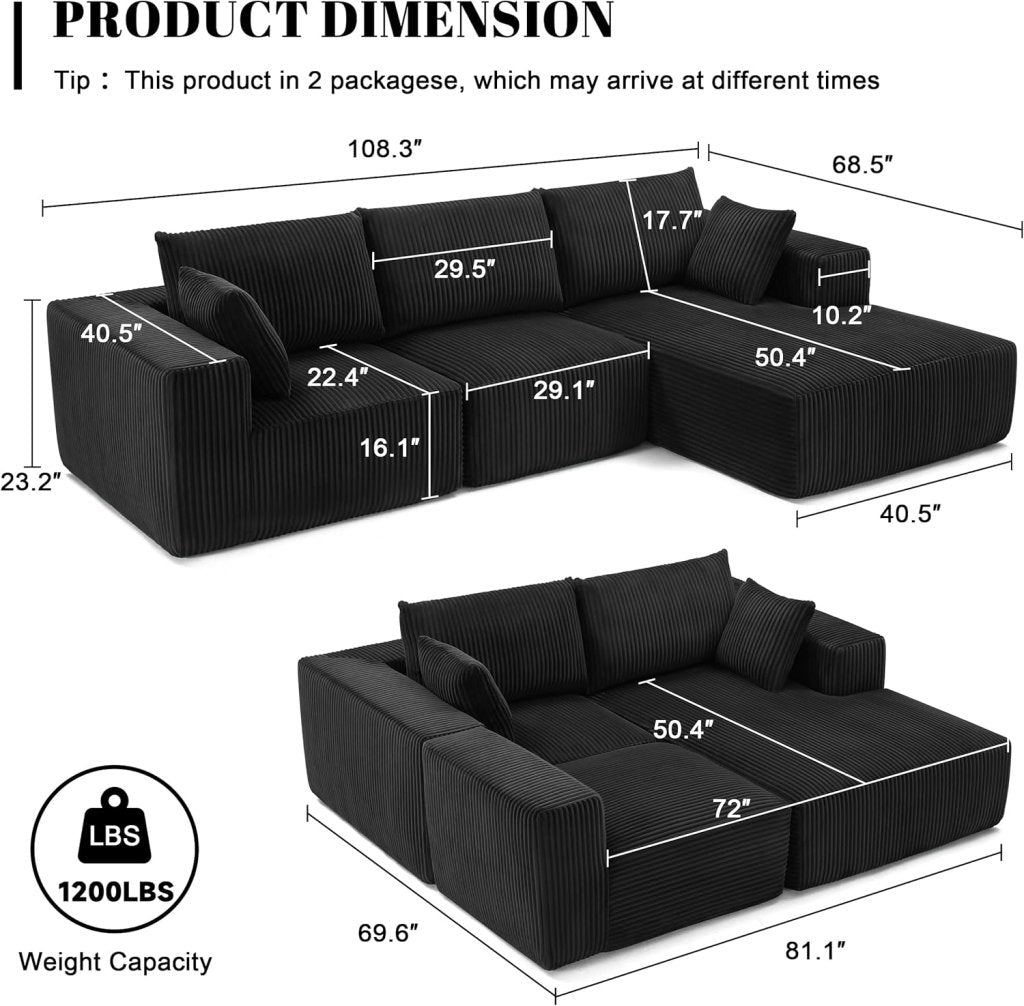 108 inch sectional sofa, cloud sectional sofa with deep seat, modern sectional L shaped sofa - Wigtrends