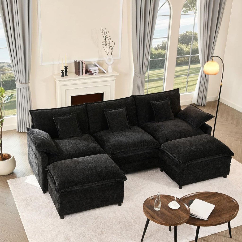 108 Inch U Shape Sofa, Sectional Sofa, Comfortable Cloud Sofa with Removable Footstool, Living Room Deep Seat Sofa, Linen, Beige - Wigtrends
