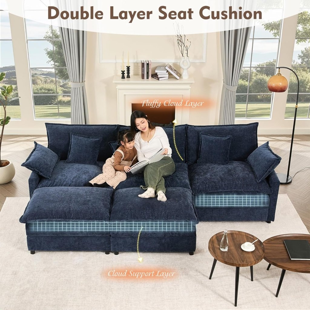 108 Inch U Shape Sofa, Sectional Sofa, Comfortable Cloud Sofa with Removable Footstool, Living Room Deep Seat Sofa, Linen, Beige - Wigtrends