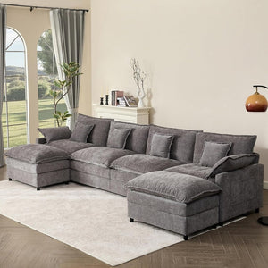 108 Inch U Shape Sofa, Sectional Sofa, Comfortable Cloud Sofa with Removable Footstool, Living Room Deep Seat Sofa, Linen, Beige - Wigtrends