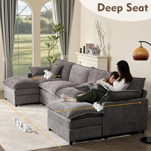 108 Inch U Shape Sofa, Sectional Sofa, Comfortable Cloud Sofa with Removable Footstool, Living Room Deep Seat Sofa, Linen, Beige - Wigtrends