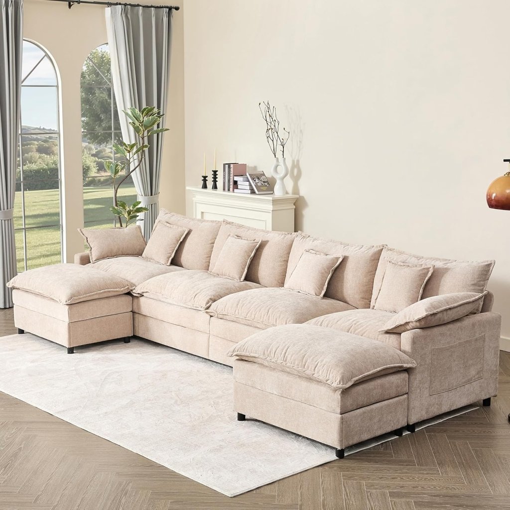 108 Inch U Shape Sofa, Sectional Sofa, Comfortable Cloud Sofa with Removable Footstool, Living Room Deep Seat Sofa, Linen, Beige - Wigtrends