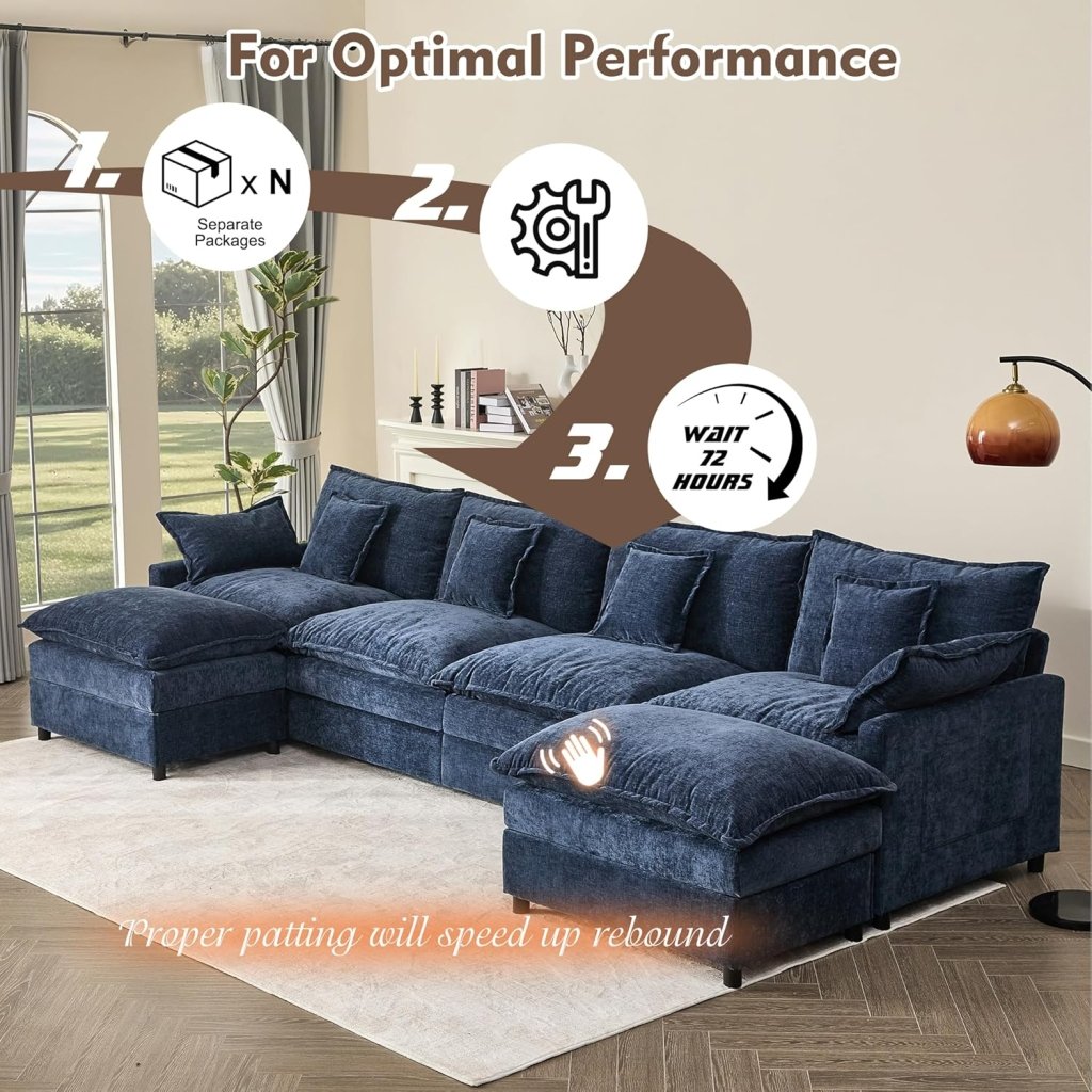 108 Inch U Shape Sofa, Sectional Sofa, Comfortable Cloud Sofa with Removable Footstool, Living Room Deep Seat Sofa, Linen, Beige - Wigtrends