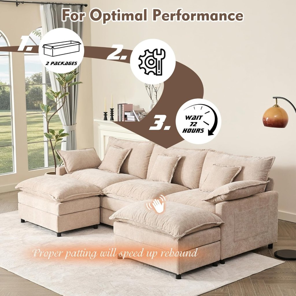 108 Inch U Shape Sofa, Sectional Sofa, Comfortable Cloud Sofa with Removable Footstool, Living Room Deep Seat Sofa, Linen, Beige - Wigtrends