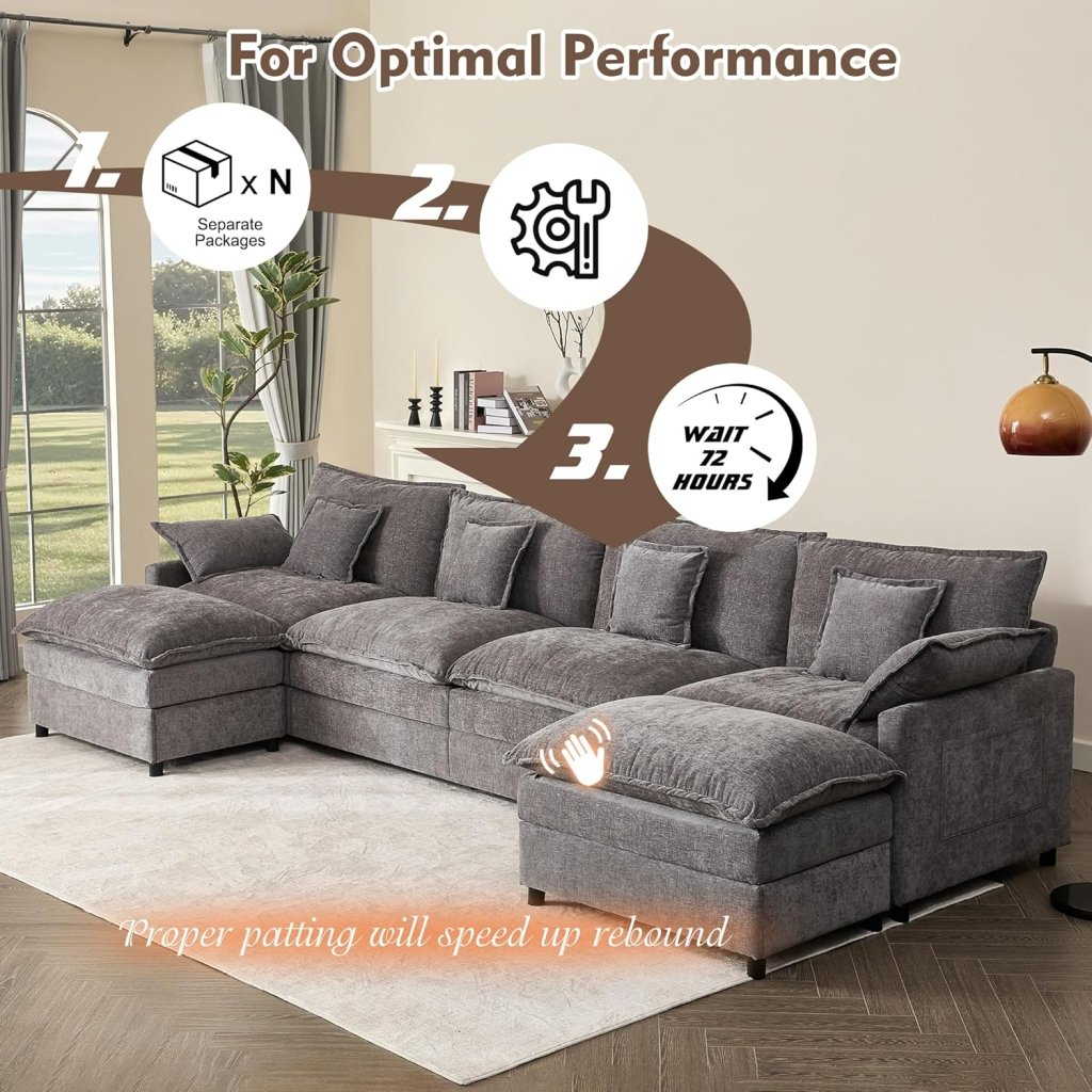 108 Inch U Shape Sofa, Sectional Sofa, Comfortable Cloud Sofa with Removable Footstool, Living Room Deep Seat Sofa, Linen, Beige - Wigtrends