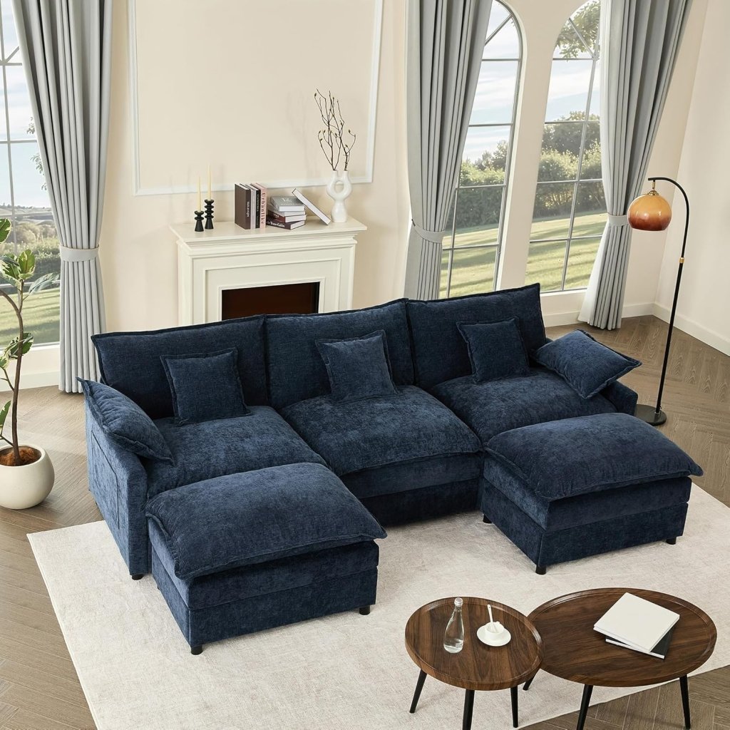 108 Inch U Shape Sofa, Sectional Sofa, Comfortable Cloud Sofa with Removable Footstool, Living Room Deep Seat Sofa, Linen, Beige - Wigtrends