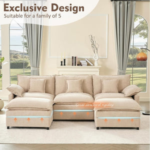 108 Inch U Shape Sofa, Sectional Sofa, Comfortable Cloud Sofa with Removable Footstool, Living Room Deep Seat Sofa, Linen, Beige - Wigtrends