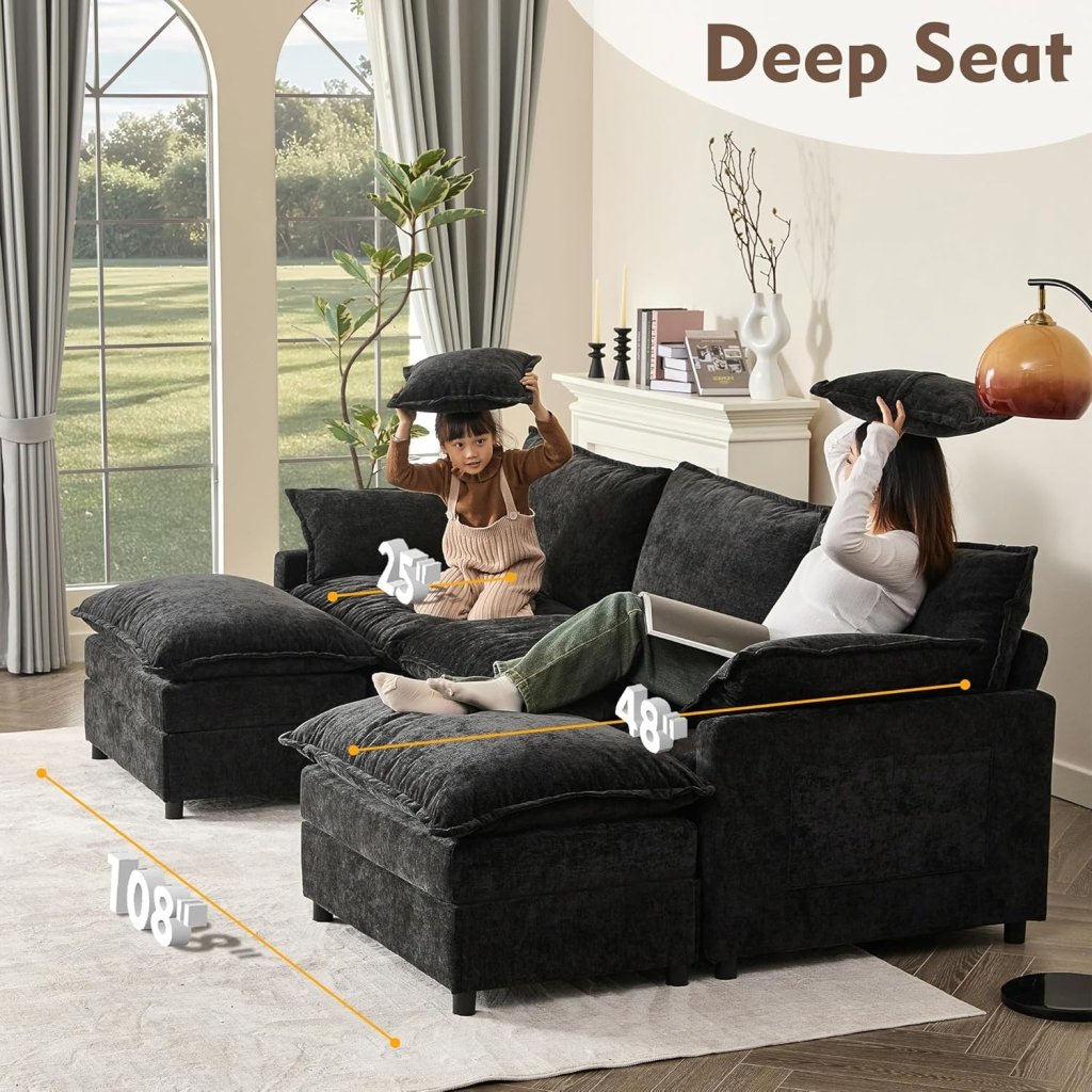 108 Inch U Shape Sofa, Sectional Sofa, Comfortable Cloud Sofa with Removable Footstool, Living Room Deep Seat Sofa, Linen, Beige - Wigtrends