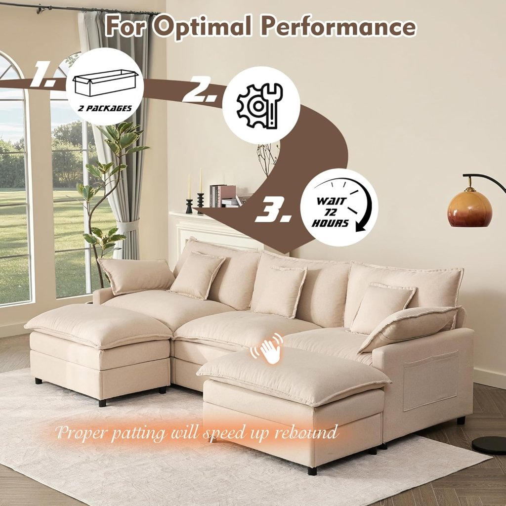 108 Inch U Shape Sofa, Sectional Sofa, Comfortable Cloud Sofa with Removable Footstool, Living Room Deep Seat Sofa, Linen, Beige - Wigtrends