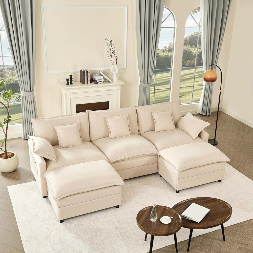108 Inch U Shape Sofa, Sectional Sofa, Comfortable Cloud Sofa with Removable Footstool, Living Room Deep Seat Sofa, Linen, Beige - Wigtrends