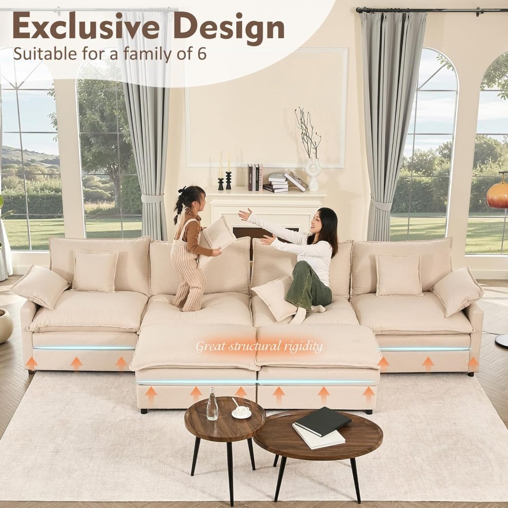 108 Inch U Shape Sofa, Sectional Sofa, Comfortable Cloud Sofa with Removable Footstool, Living Room Deep Seat Sofa, Linen, Beige - Wigtrends