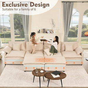 108 Inch U Shape Sofa, Sectional Sofa, Comfortable Cloud Sofa with Removable Footstool, Living Room Deep Seat Sofa, Linen, Beige - Wigtrends