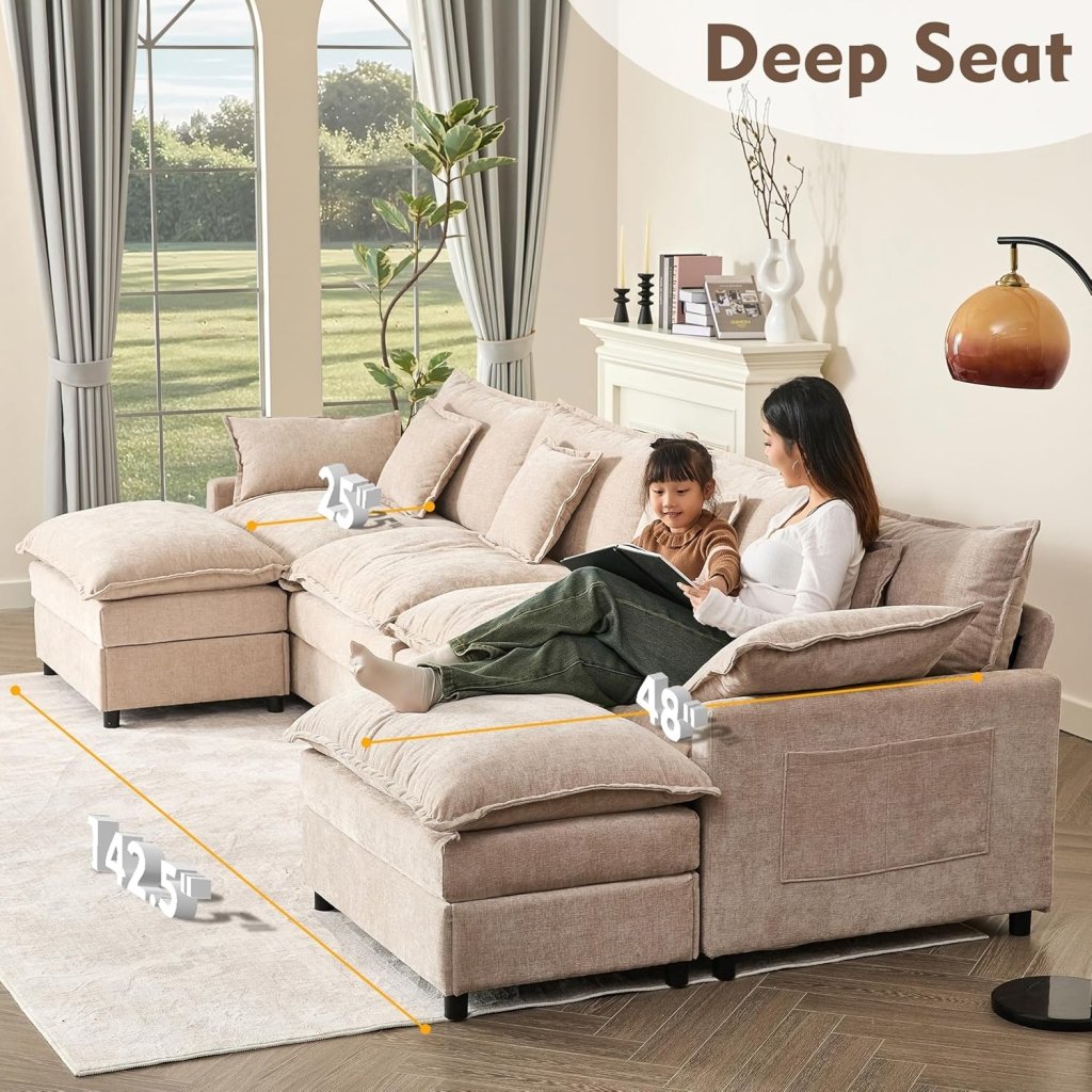 108 Inch U Shape Sofa, Sectional Sofa, Comfortable Cloud Sofa with Removable Footstool, Living Room Deep Seat Sofa, Linen, Beige - Wigtrends