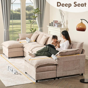 108 Inch U Shape Sofa, Sectional Sofa, Comfortable Cloud Sofa with Removable Footstool, Living Room Deep Seat Sofa, Linen, Beige - Wigtrends