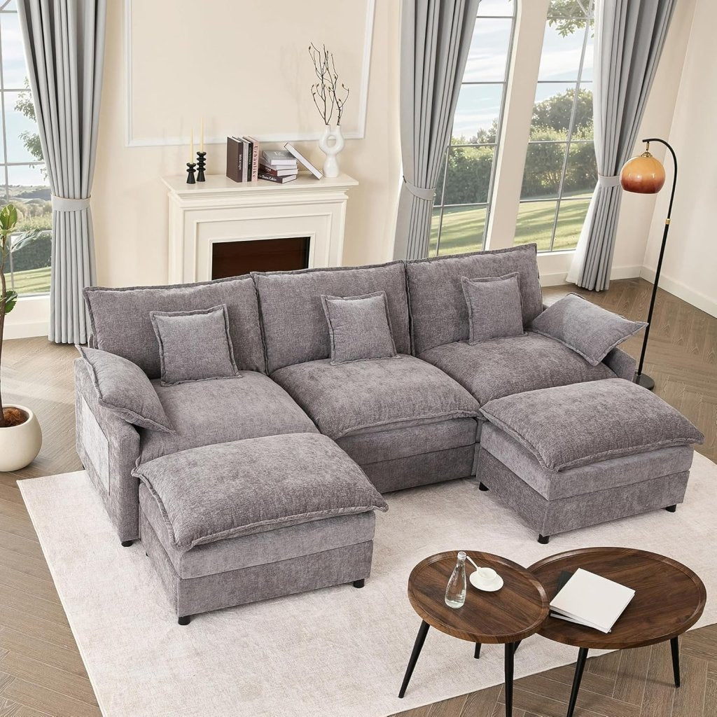 108 Inch U Shape Sofa, Sectional Sofa, Comfortable Cloud Sofa with Removable Footstool, Living Room Deep Seat Sofa, Linen, Beige - Wigtrends