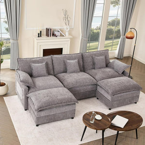 108 Inch U Shape Sofa, Sectional Sofa, Comfortable Cloud Sofa with Removable Footstool, Living Room Deep Seat Sofa, Linen, Beige - Wigtrends