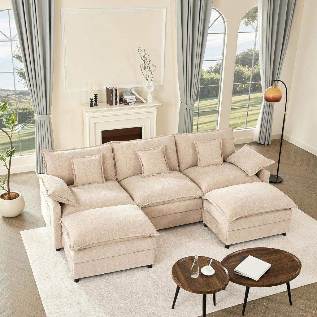 108 Inch U Shape Sofa, Sectional Sofa, Comfortable Cloud Sofa with Removable Footstool, Living Room Deep Seat Sofa, Linen, Beige - Wigtrends