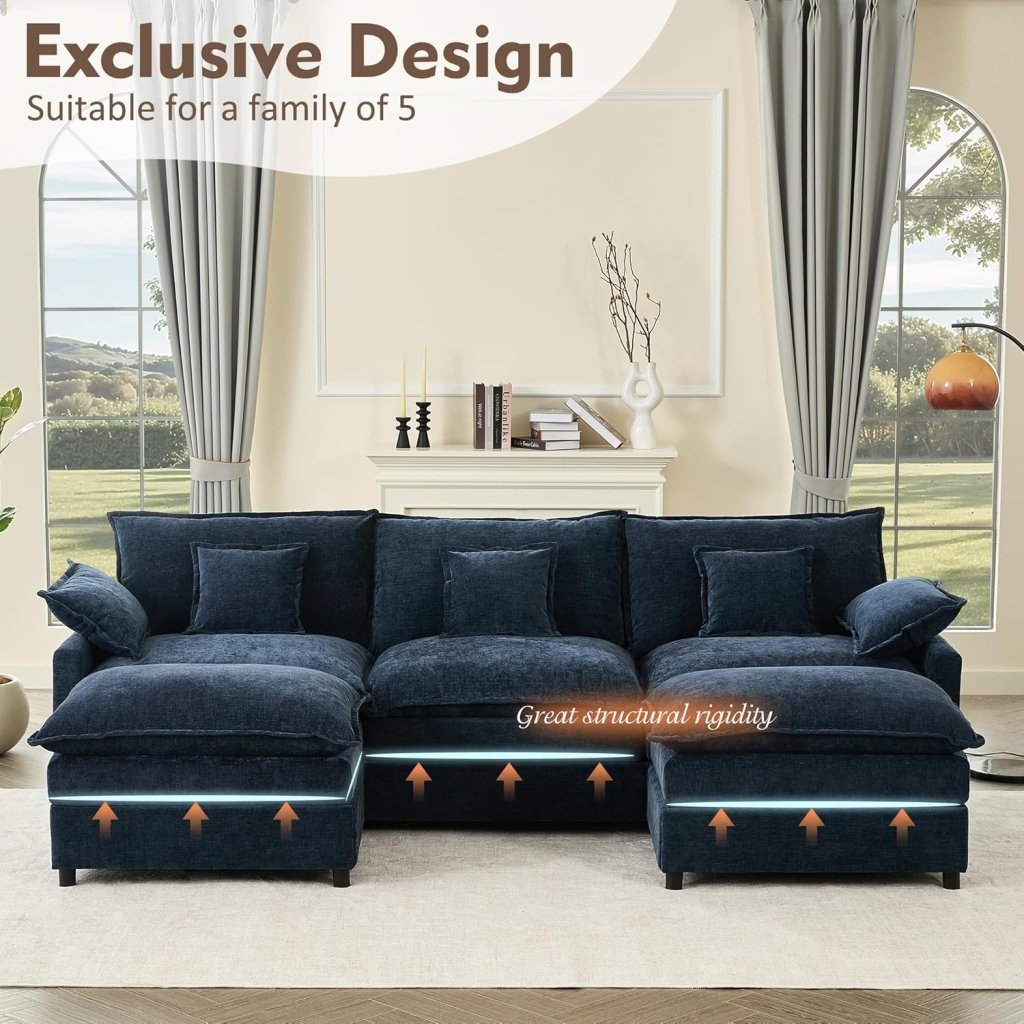 108 Inch U Shape Sofa, Sectional Sofa, Comfortable Cloud Sofa with Removable Footstool, Living Room Deep Seat Sofa, Linen, Beige - Wigtrends