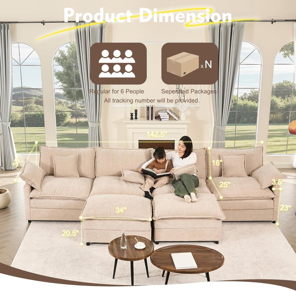 108 Inch U Shape Sofa, Sectional Sofa, Comfortable Cloud Sofa with Removable Footstool, Living Room Deep Seat Sofa, Linen, Beige - Wigtrends