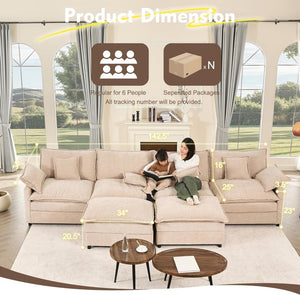 108 Inch U Shape Sofa, Sectional Sofa, Comfortable Cloud Sofa with Removable Footstool, Living Room Deep Seat Sofa, Linen, Beige - Wigtrends