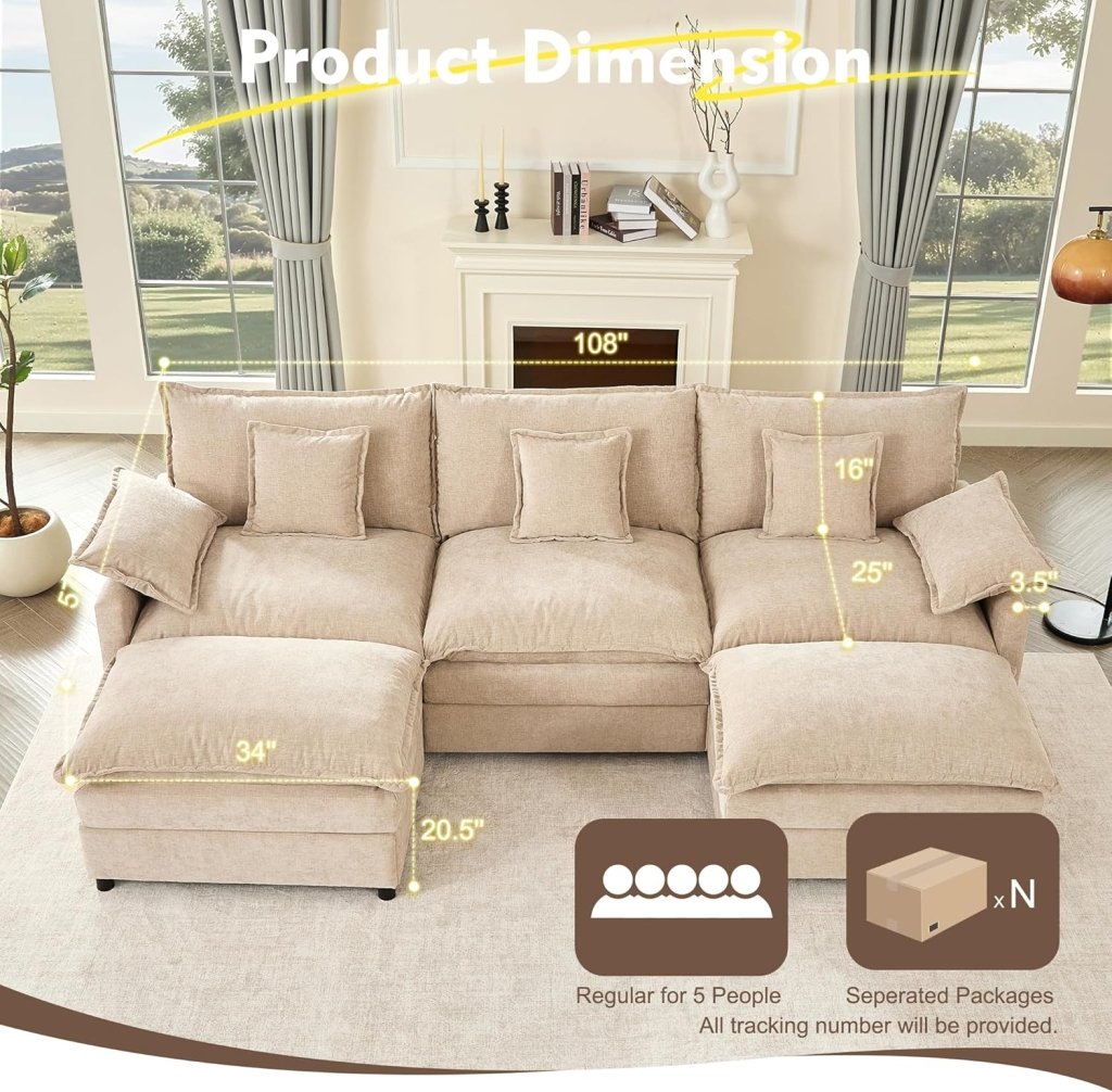108 Inch U Shape Sofa, Sectional Sofa, Comfortable Cloud Sofa with Removable Footstool, Living Room Deep Seat Sofa, Linen, Beige - Wigtrends