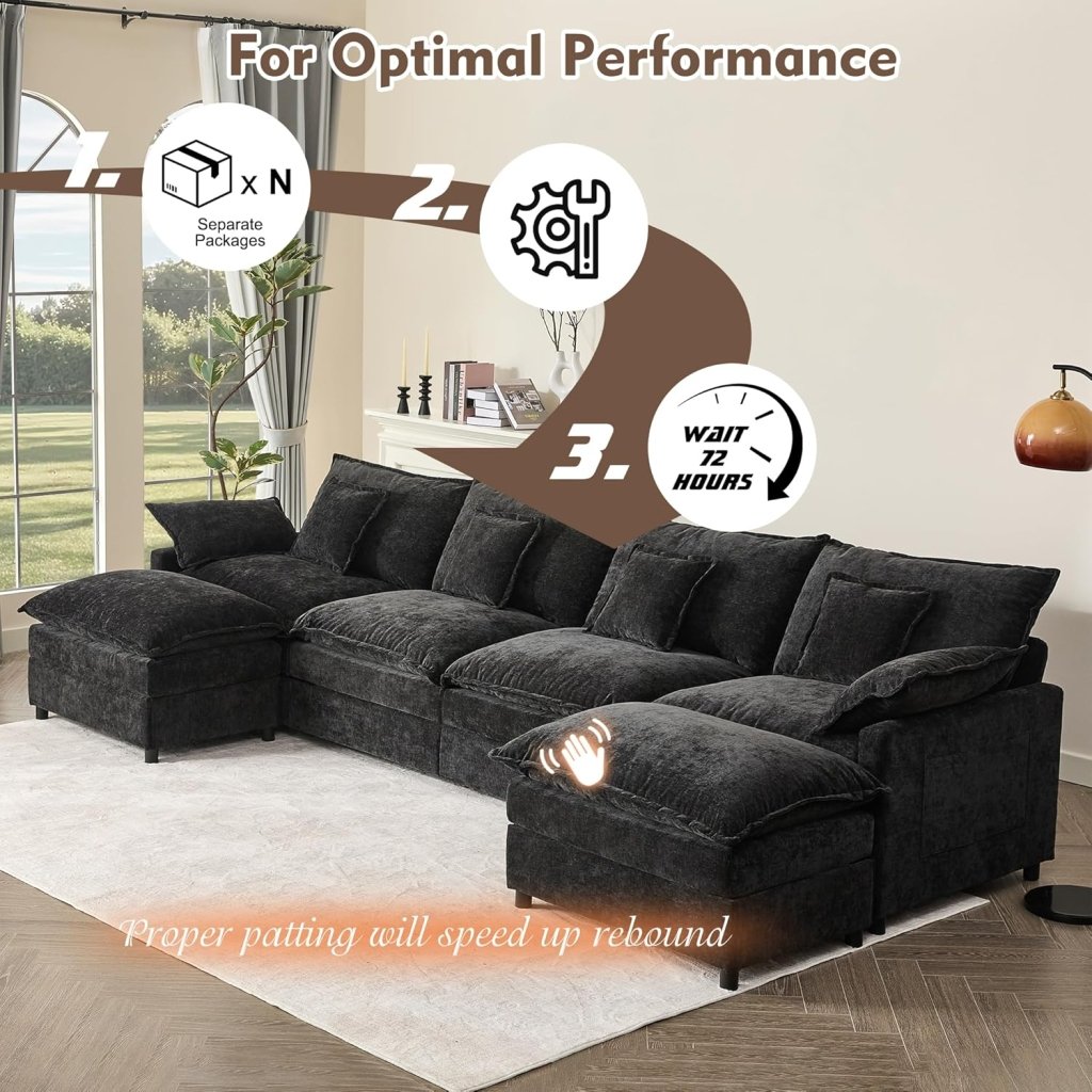 108 Inch U Shape Sofa, Sectional Sofa, Comfortable Cloud Sofa with Removable Footstool, Living Room Deep Seat Sofa, Linen, Beige - Wigtrends
