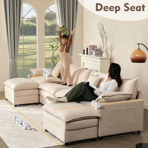108 Inch U Shape Sofa, Sectional Sofa, Comfortable Cloud Sofa with Removable Footstool, Living Room Deep Seat Sofa, Linen, Beige - Wigtrends