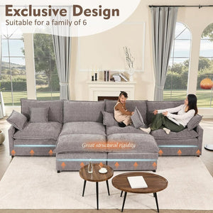 108 Inch U Shape Sofa, Sectional Sofa, Comfortable Cloud Sofa with Removable Footstool, Living Room Deep Seat Sofa, Linen, Beige - Wigtrends