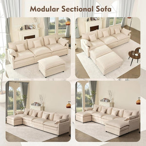108 Inch U Shape Sofa, Sectional Sofa, Comfortable Cloud Sofa with Removable Footstool, Living Room Deep Seat Sofa, Linen, Beige - Wigtrends
