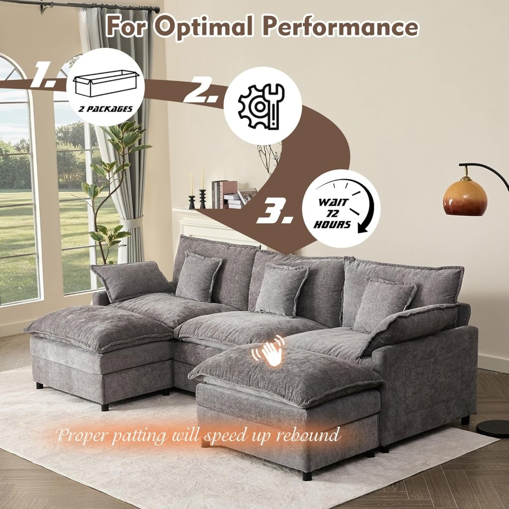 108 Inch U Shape Sofa, Sectional Sofa, Comfortable Cloud Sofa with Removable Footstool, Living Room Deep Seat Sofa, Linen, Beige - Wigtrends