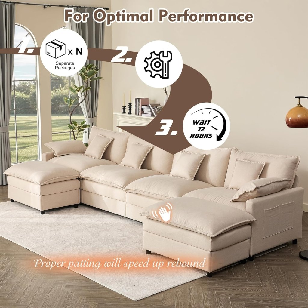108 Inch U Shape Sofa, Sectional Sofa, Comfortable Cloud Sofa with Removable Footstool, Living Room Deep Seat Sofa, Linen, Beige - Wigtrends
