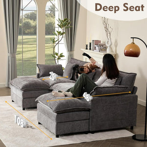 108 Inch U Shape Sofa, Sectional Sofa, Comfortable Cloud Sofa with Removable Footstool, Living Room Deep Seat Sofa, Linen, Beige - Wigtrends